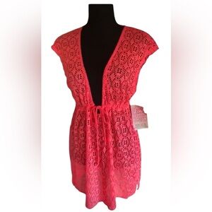 MIKEN Crochet Coverup Smocked Waist Pullover,Plunge Neckline Size Large Pink NWT